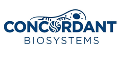 Concordant Biosystems logo. Blue text with cell graphic. Biotechnology and life science company.