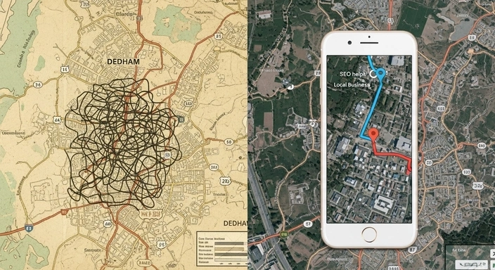 Dedham SEO services: Maps showing tangled routes vs. GPS directions on a phone. Local business SEO help.
