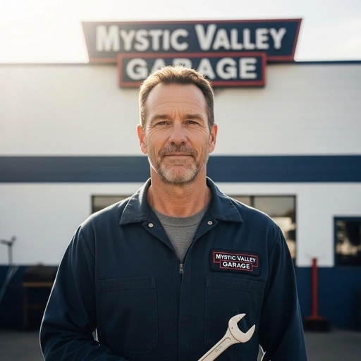 Medford SEO Services: Mechanic in front of Mystic Valley Garage holding a wrench.