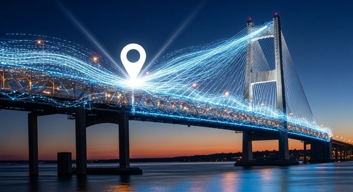 Chelsea MA SEO Services: Bridge with location pin and digital network overlay.