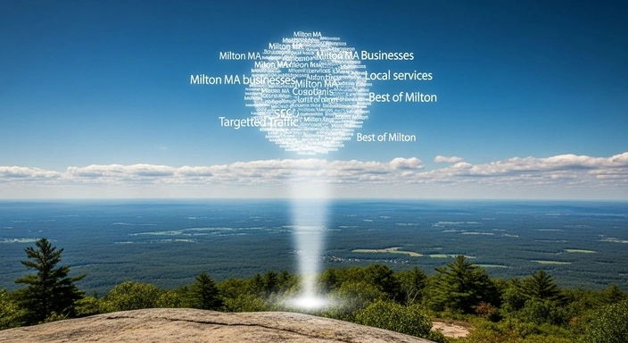 Milton MA SEO services: Beam of light over landscape with SEO-related keywords like Targetted Traffic and Local Services.