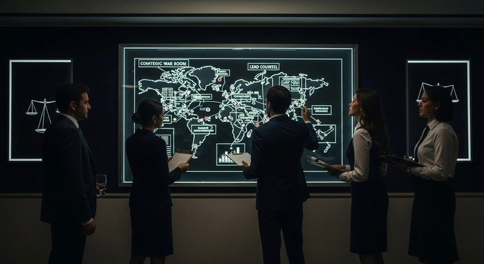 Law firm SEO: Lawyers review global strategy on a world map display. Scales of justice icon.