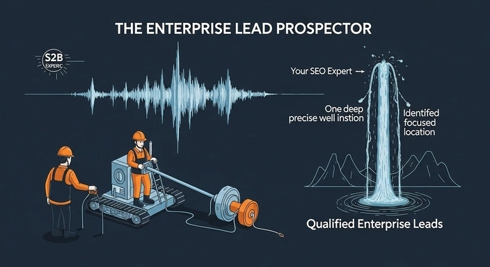 B2B SEO services: Cartoon of workers drilling for qualified enterprise leads with SEO expertise.