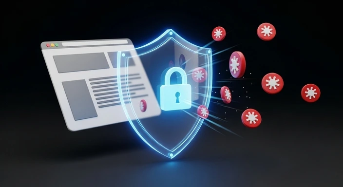 Technical SEO: Website security with padlock and shield protecting from threats.