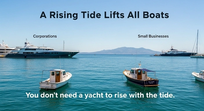 Affordable SEO services: yachts and small boats in the sea. A rising tide lifts all boats. Corporations vs. small businesses.