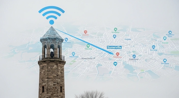 Somerville SEO Services: Digital marketing reach via tower and Wi-Fi signal on a city map.