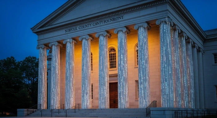 Dedham SEO Services: Norfolk County building with illuminated columns at night.
