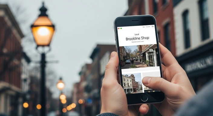 Brookline SEO services: Hands holding phone showing local Brookline shops on a street with street lamps.