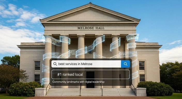 Melrose Hall building with search bar overlay. Search query: best services in Melrose. #1 ranked local SEO services.