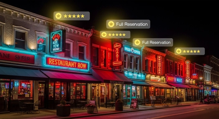 Waltham SEO Services: Restaurant row at night with neon signs and 5-star ratings.