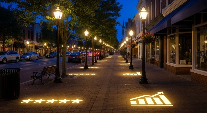 Melrose SEO Services: Street view with glowing star ratings and upward trending graph. Nighttime scene.