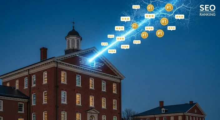 Watertown MA SEO Services: Building with ratings and #1 badges shooting out.