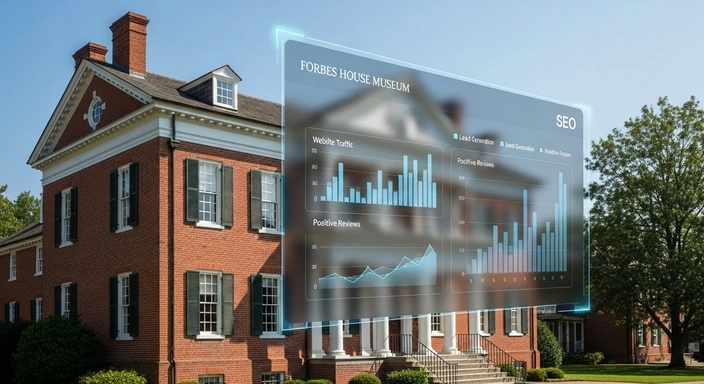 Milton SEO Services: Forbes House Museum with SEO performance charts showing website traffic, lead generation, and positive reviews.