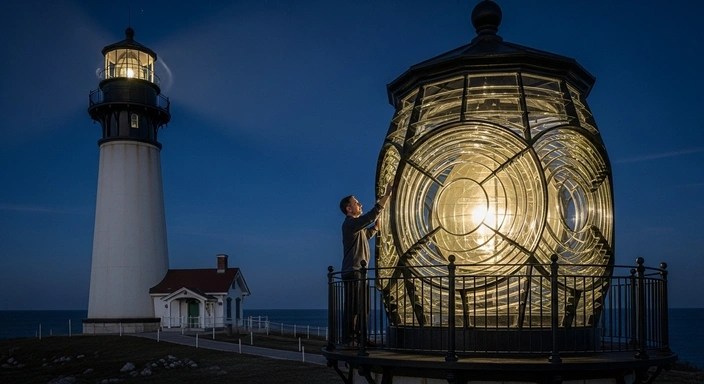 Lighthouse with Fresnel lens, man, and house. WordPress SEO services for website visibility.