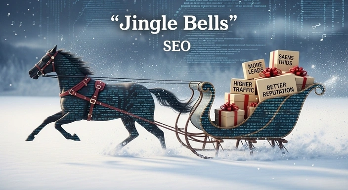 Medford SEO Services: Horse-drawn sleigh with gifts labeled More Leads, Higher Traffic, and Better Reputation.