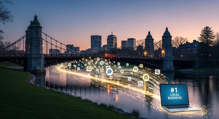 Brookline SEO services. Laptop showing #1 Local Business with Boston skyline and bridge.