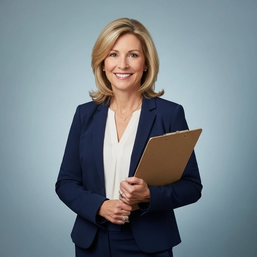 Needham SEO Services: Smiling woman in business suit holding clipboard.