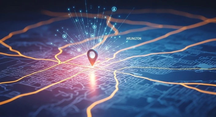 Arlington MA SEO Services: Map of Arlington with location pin and connection icons.