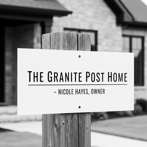 Braintree SEO Services: The Granite Post Home sign. Nicole Hayes, owner. Black and white image.
