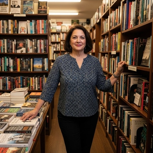 Woman in bookstore. Bookshelves filled with books. Somerville SEO services.