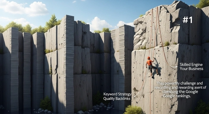 Quincy SEO Services: Rock climber ascending cliff, symbolizing keyword strategy, quality backlinks, and skilled search engine optimization.