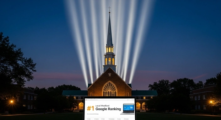 Medford SEO Services: Church with lights and a laptop showing #1 Google ranking for local Medford SEO.