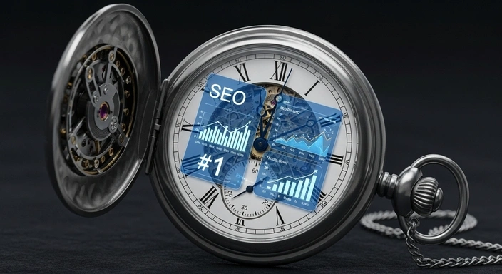 Waltham SEO Services: Pocket watch with SEO analytics graphics. Time to rank #1!