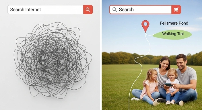 Malden SEO: Tangled search vs. family enjoying a park, showing the benefits of local SEO services.