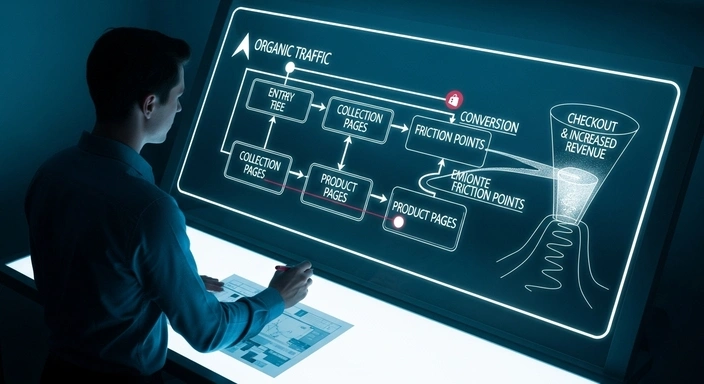 Shopify SEO Services: Man analyzing organic traffic funnel, conversion, checkout, and revenue flow on a digital display.