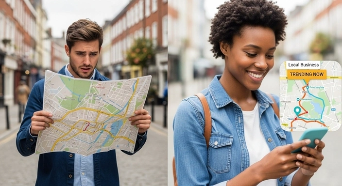 Cambridge SEO services: People using a paper map and a mobile map app to find local businesses.