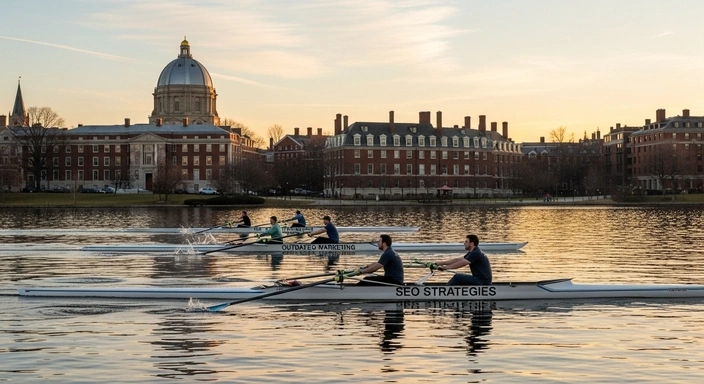 Cambridge SEO Services: Rowers on the Charles River in Cambridge. SEO Strategies boat.