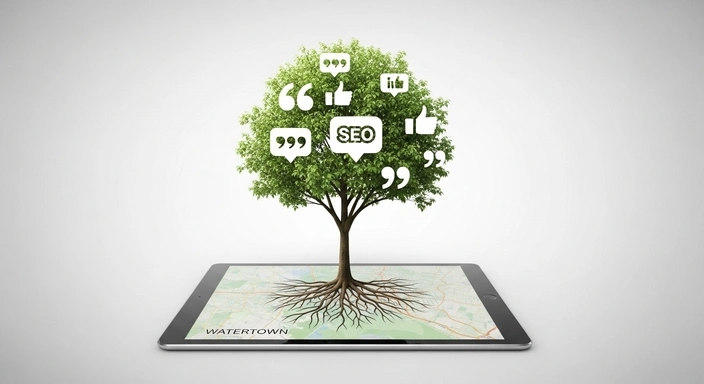 Watertown MA SEO Services: Tree with SEO icons growing from a tablet showing a map of Watertown.
