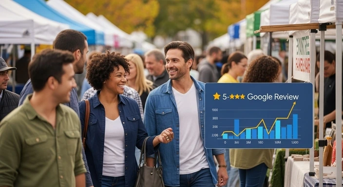 Braintree SEO Services: Happy customers with 5-star Google reviews at an outdoor market. Positive business growth chart.