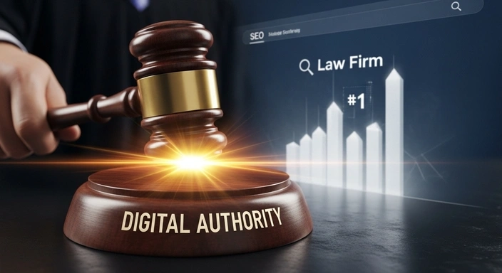 Law Firm SEO: Gavel hitting sound block with text Digital Authority. Graph showing search ranking improvement.
