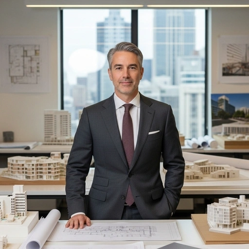 Milton SEO Services: Man in suit with building models and blueprints. Architecture and SEO expertise.