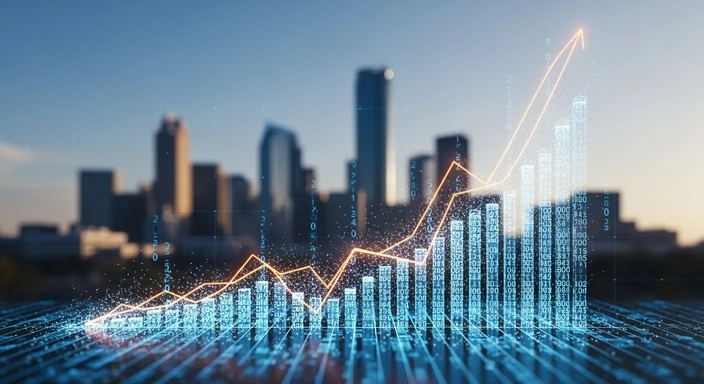 Arlington MA SEO Services: Rising graph with city skyline. Digital marketing and business growth concept.