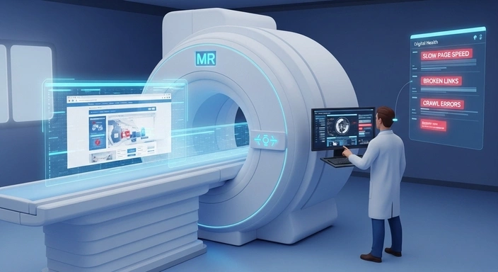Website audit concept. Doctor with MRI machine analyzing website issues: slow page speed, broken links, crawl errors.