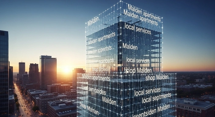 Malden SEO Services: Building with search terms like Malden apartments and local services overlayed.