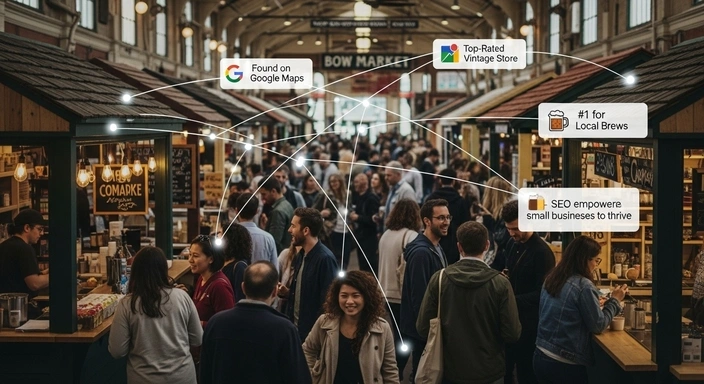 Crowded market scene. Somerville SEO services empower local businesses to thrive online.