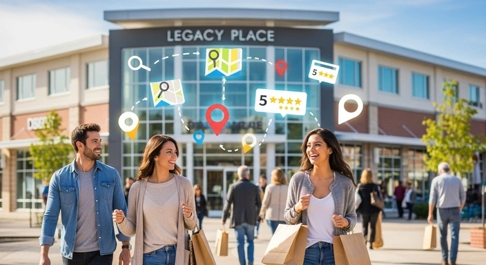 Dedham SEO services: People shopping at Legacy Place with location and review icons.