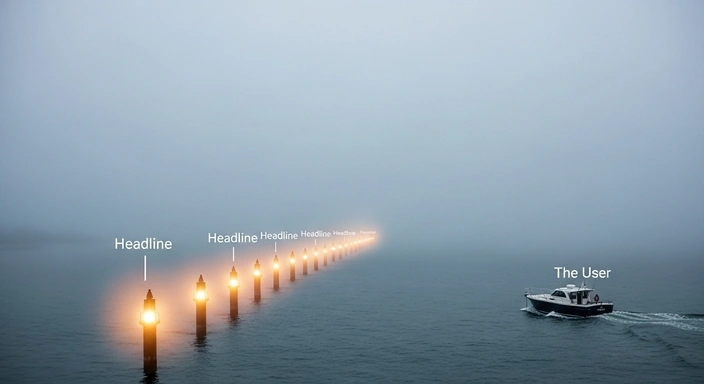 Foggy ocean scene with a boat and a path of lights. SEO copywriting services concept.