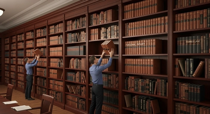 Law firm library with men placing books. Law books include Personal Injury and Family Law. #LawFirmSEO