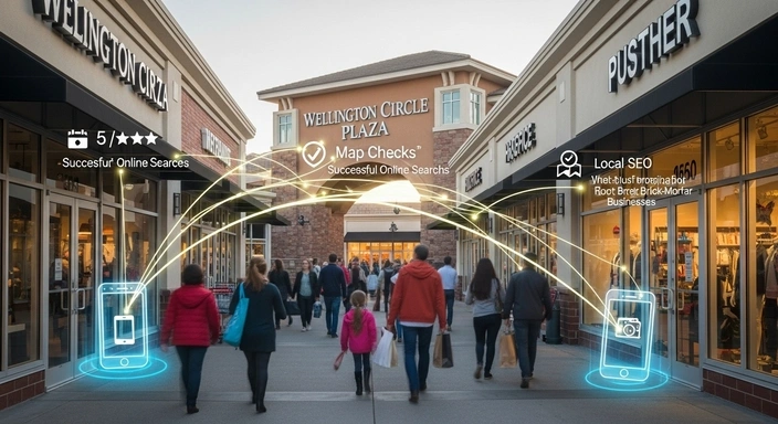 Medford SEO Services: Shoppers at Wellington Circle Plaza, successful online searches, local SEO.