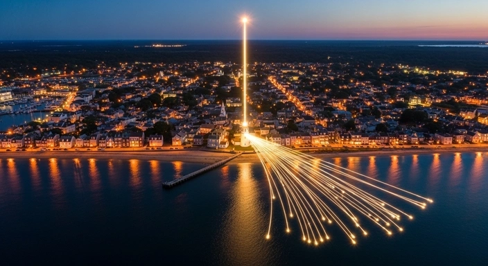 Winthrop SEO Services: Aerial view of a coastal town at night with light beams over water.