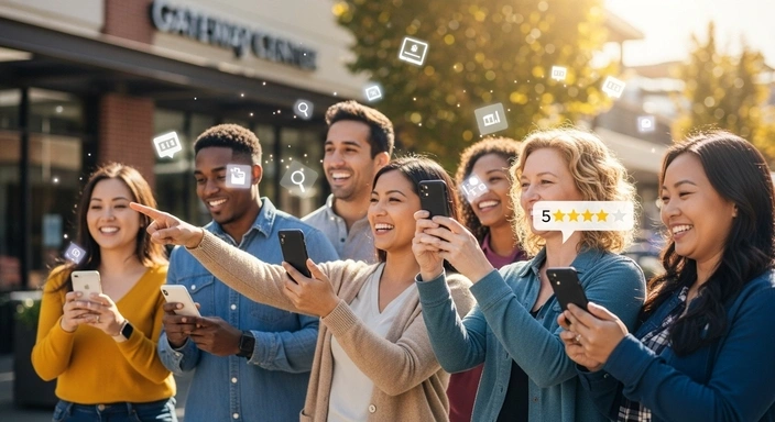Happy group using smartphones. Everett MA SEO services can help your business get found online.