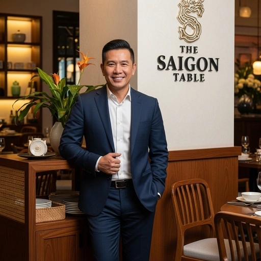 Asian man in suit at The Saigon Table restaurant. Malden SEO services.