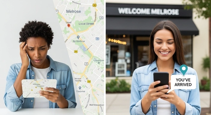 Melrose SEO services: Women using maps, one lost, one arrived at Welcome Melrose store.