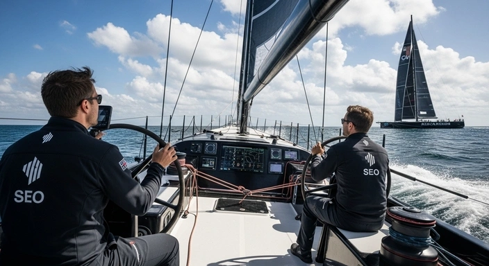 Two sailors navigating a sailboat, wearing SEO branded jackets. B2B SEO services.