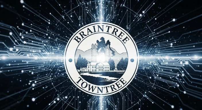 Braintree SEO Services: Town seal on digital circuit board background.