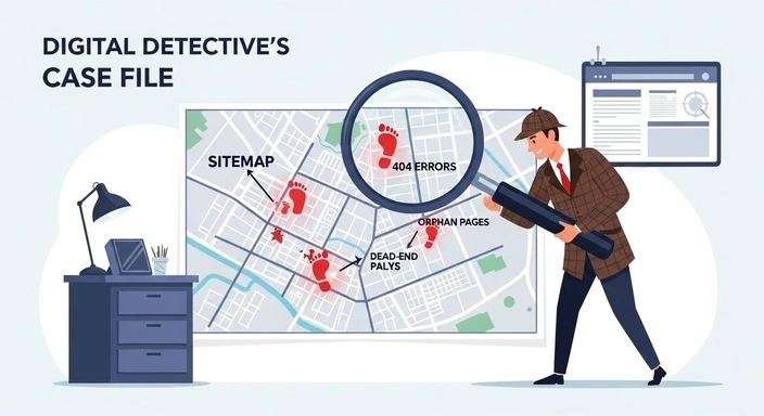 Website audit illustration. Detective with magnifying glass examines sitemap for 404 errors, orphan pages, and dead-end alleys.